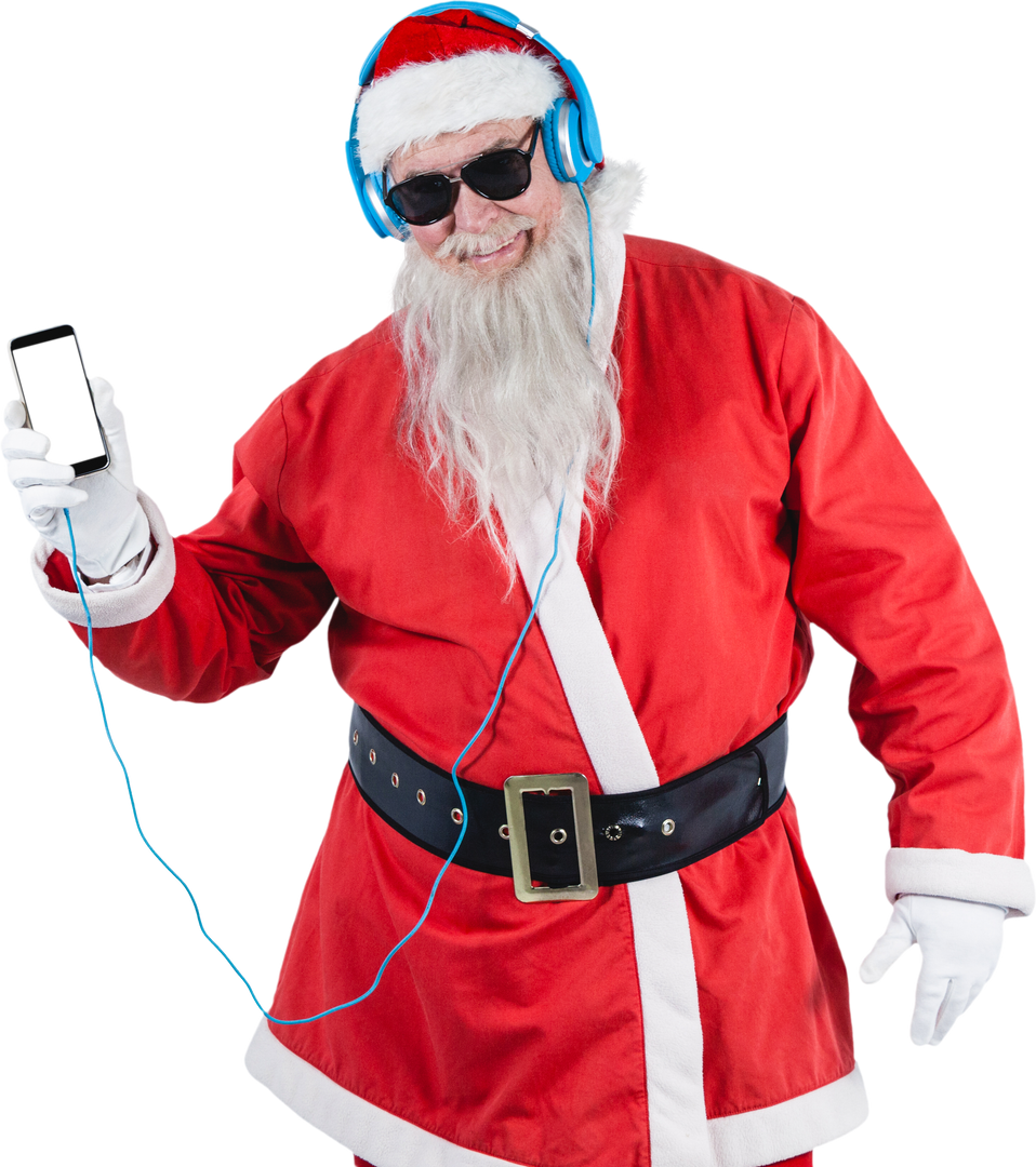 Cheerful Santa Claus listening to music on mobile phone cutting out on transparent background - Download Free Stock Images Pikwizard.com