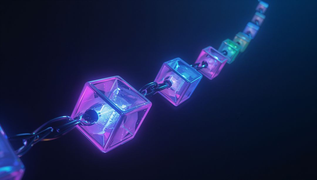 Glowing Translucent Cubes in Futuristic Blockchain Network
