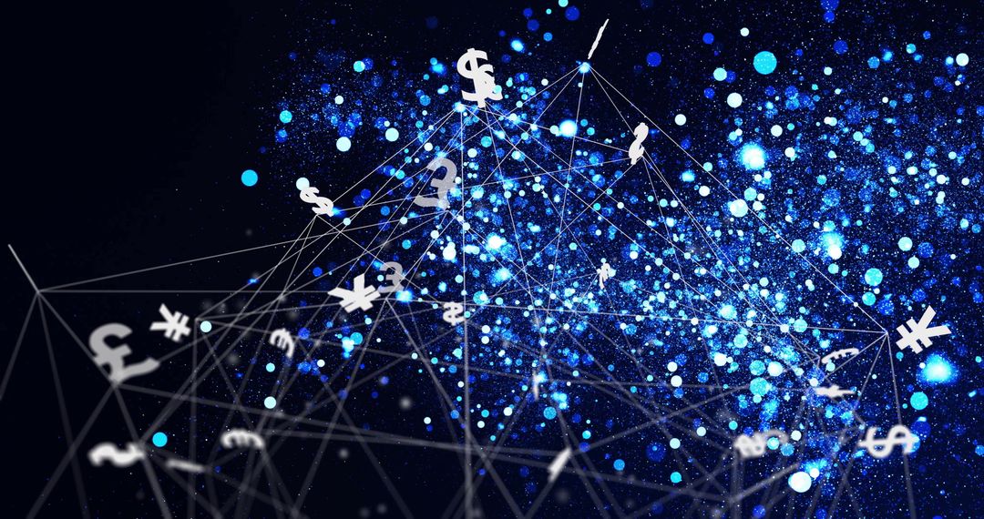 Financial Network with Global Currency Symbols on Digital Grid