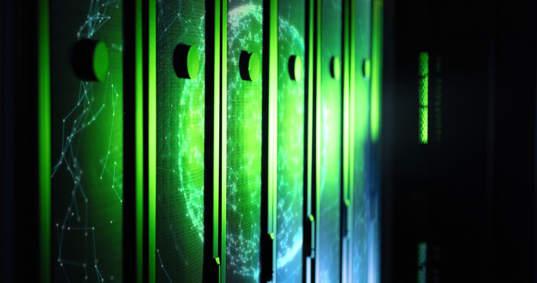 Futuristic Server Room with Digital Green Graphics