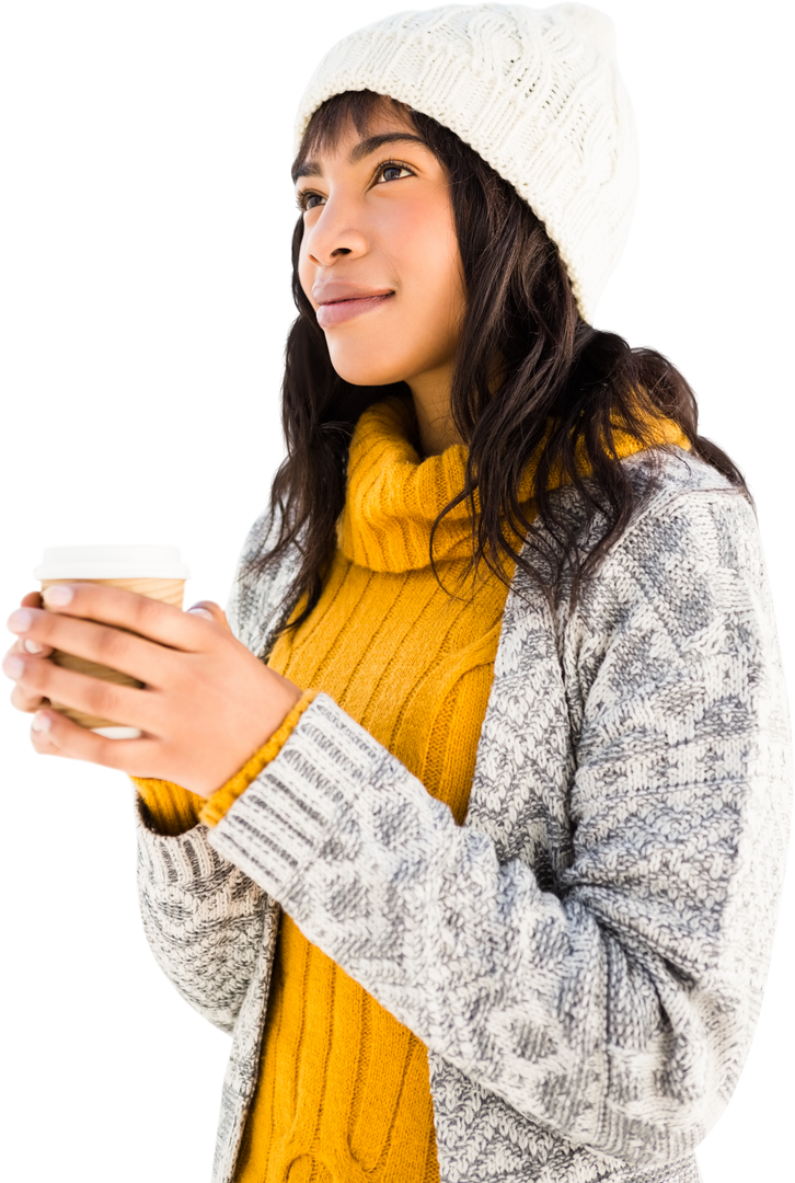 Happy woman in winter hat drinking coffee PNG transparent background - Download Free Stock Images Pikwizard.com