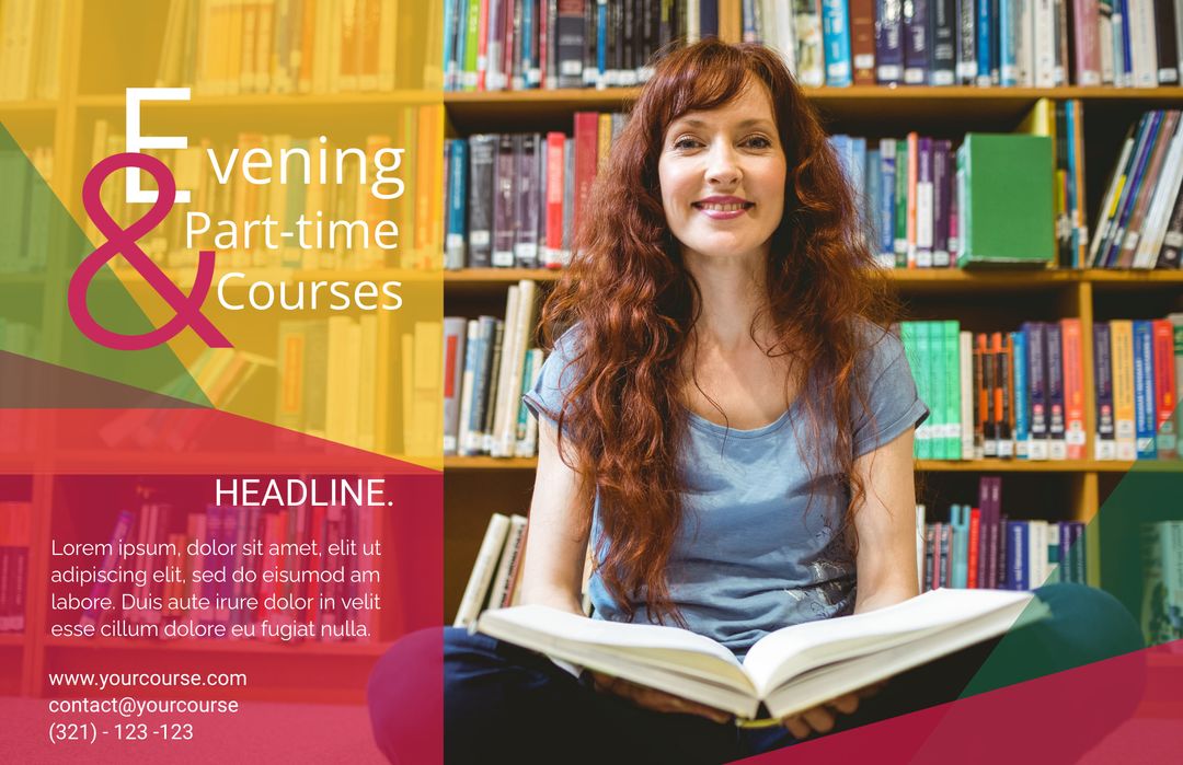 Happy Woman Studying in Library Promotes Adult Learning Opportunities
