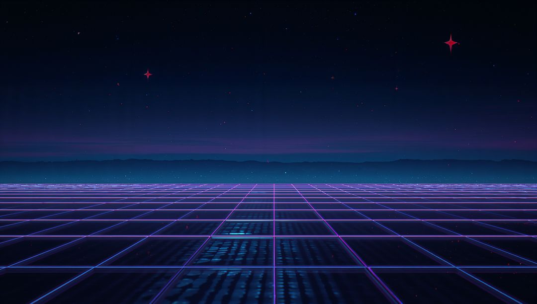Glowing Neon Grid Stretching Toward Horizon with Reflective Tiles and Retro Futuristic Night Sky