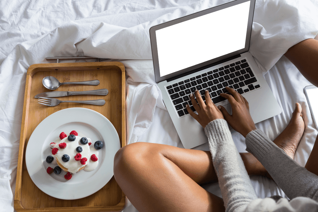 Relaxing Morning with Laptop and Breakfast in Cozy Setting Transparent