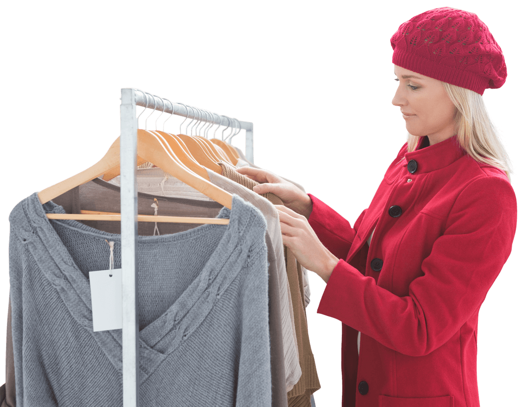Stylish Woman in Red Coat Browsing Clothes Rack Transparent Background