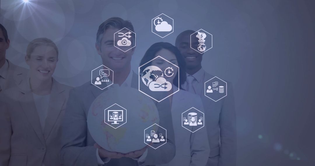 Diverse Business Team with Technology Icons Overlay