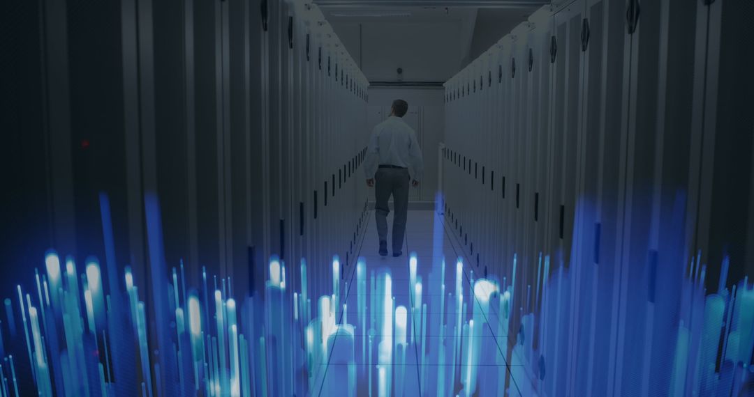 Engineer Walking in Futuristic Server Room with Glowing Data Streams