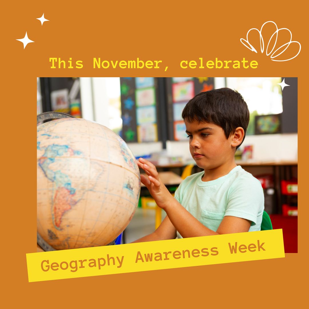 Geography Awareness Week Highlighting Hispanic Boy Exploring Globe