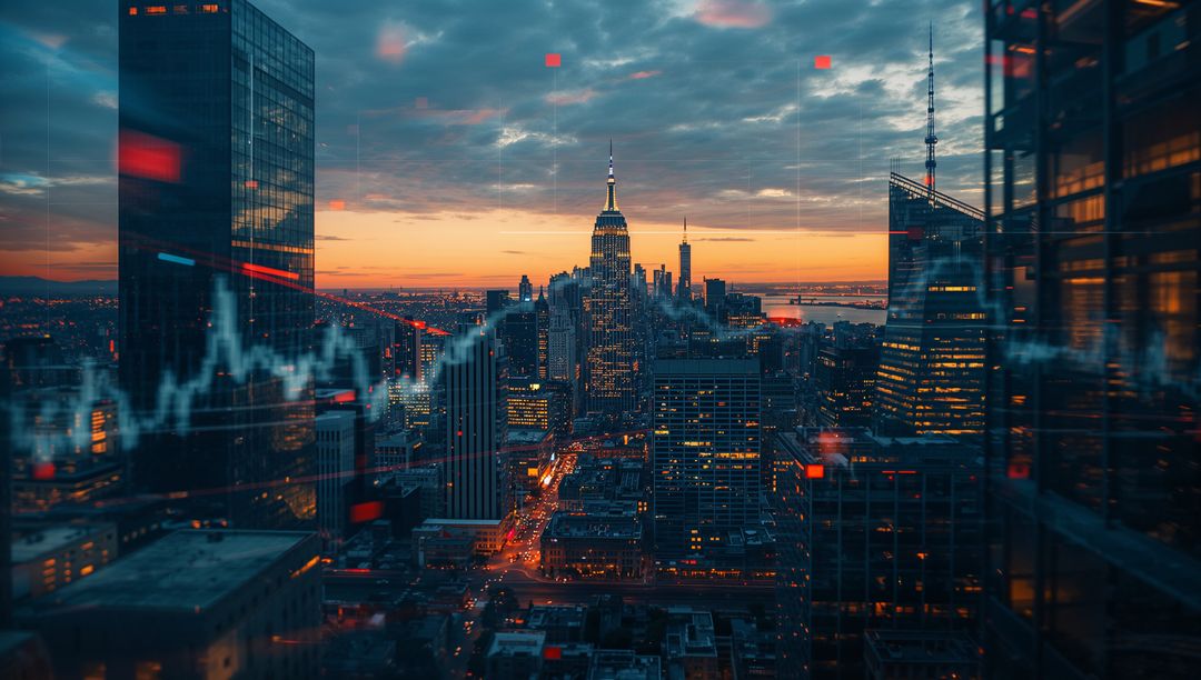 New York City Skyline at Dusk With Data Overlay and Urban Glow