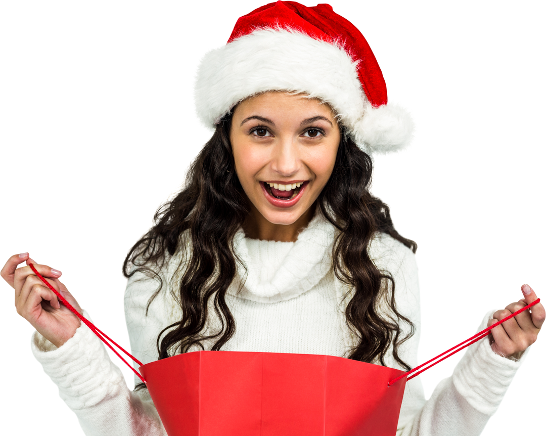 Joyful Woman in Christmas Hat Opening Gift Bag on Transparent Background - Download Free Stock Images Pikwizard.com