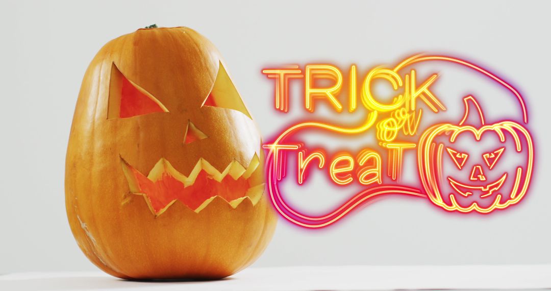 Spooky Halloween Pumpkin with Trick or Treat Neon Sign