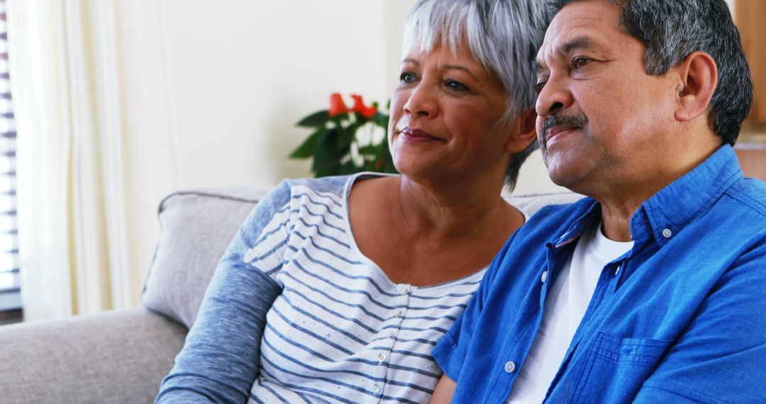 Multicultural Senior Couple Relaxing on Sofa Smiling Together
