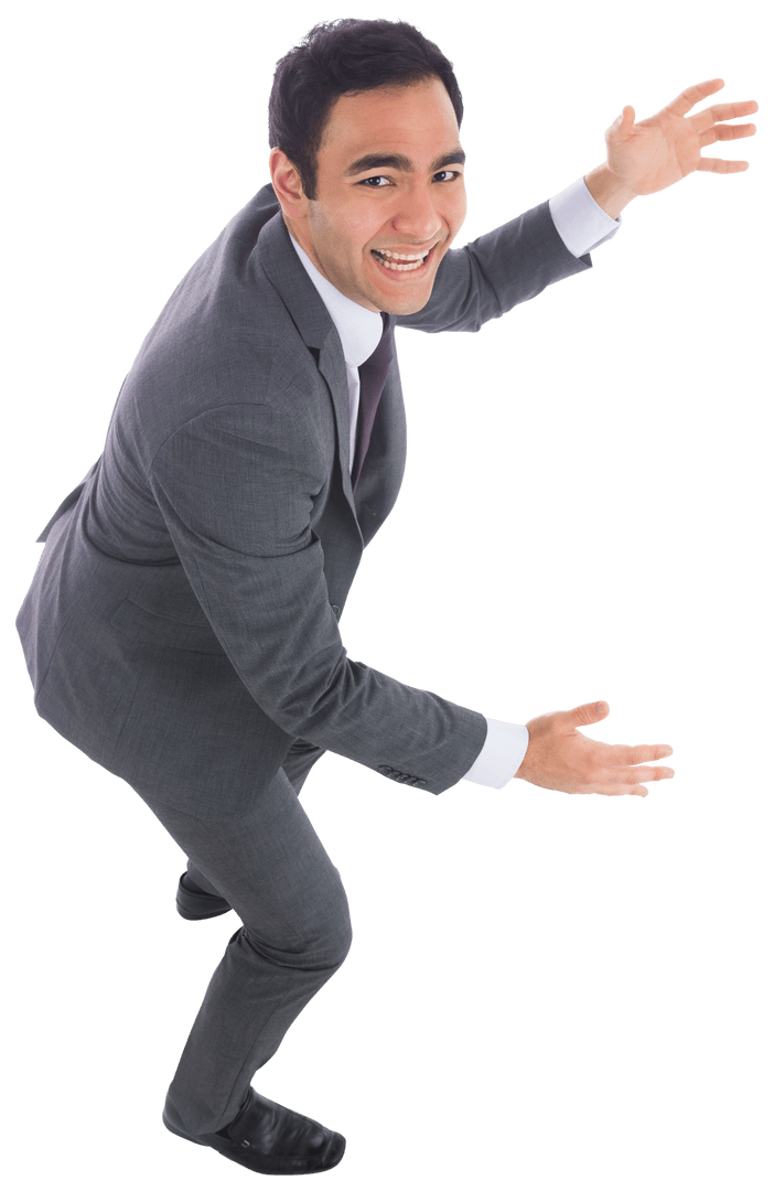Transparent Background with Businessman in Grey Suit Exuding Optimism