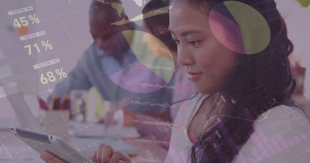 Businesswoman Analyzing Data with Tablet and Digital Interface Overlay