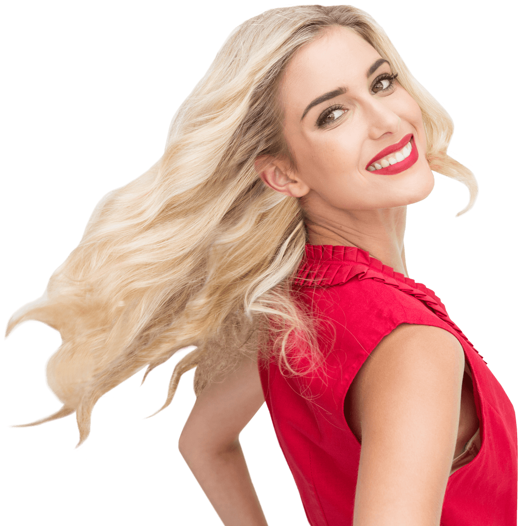 Smiling Blonde Woman in Red with Flowing Hair on Transparent Background