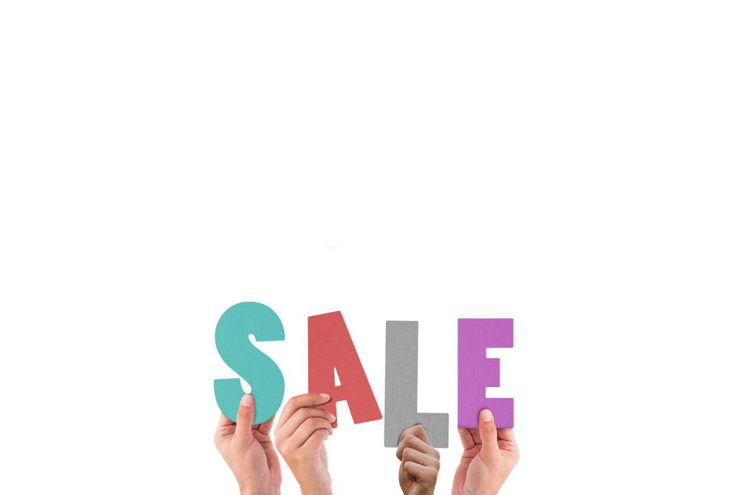 Hands Holding Colorful Sale Text on Transparent Background