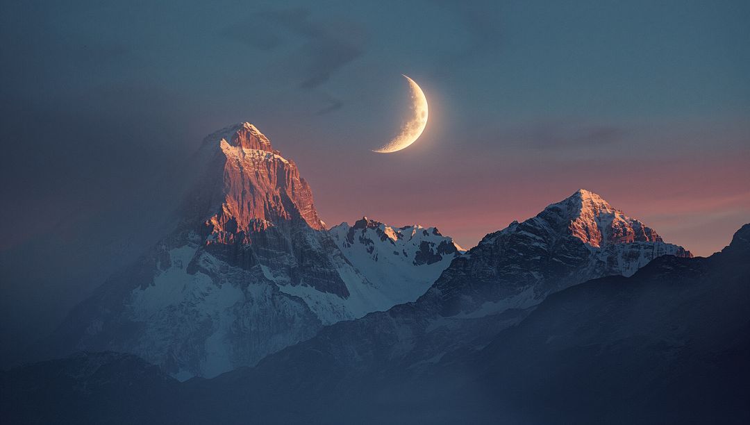 Alpenglow on Snow-Covered Peaks with Crescent Moon at Dusk