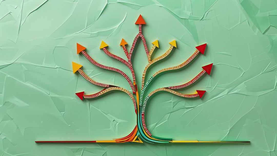 Colorful Branching Arrow Structure with Mint-Green Backdrop