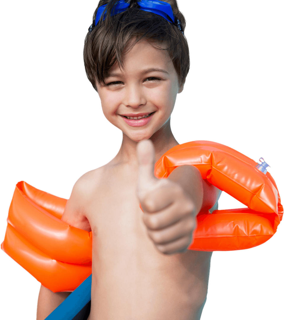 Cheerful Boy with Water Wings Giving Thumbs Up on Transparent Background