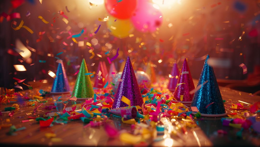 Colorful Party Scene with Glitter Cone Hats and Confetti