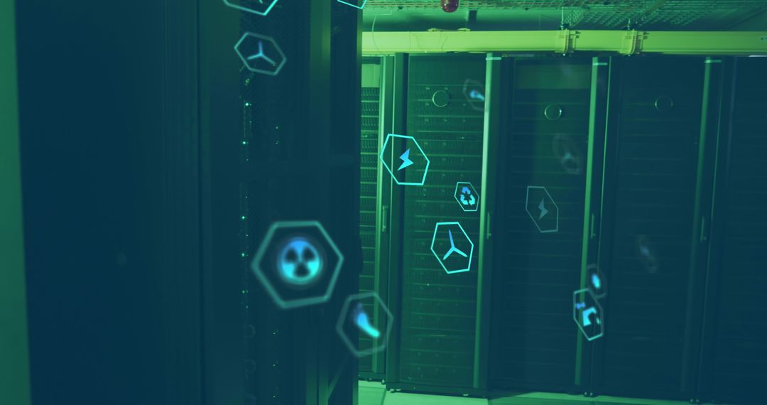 Technology Icons Floating in Industrial Server Room