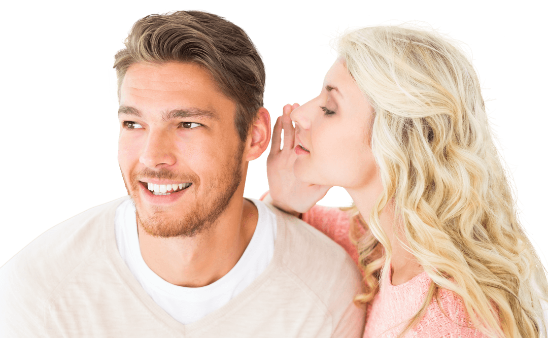 Blonde Woman Whispering Secret to Smiling Man on Transparent Background