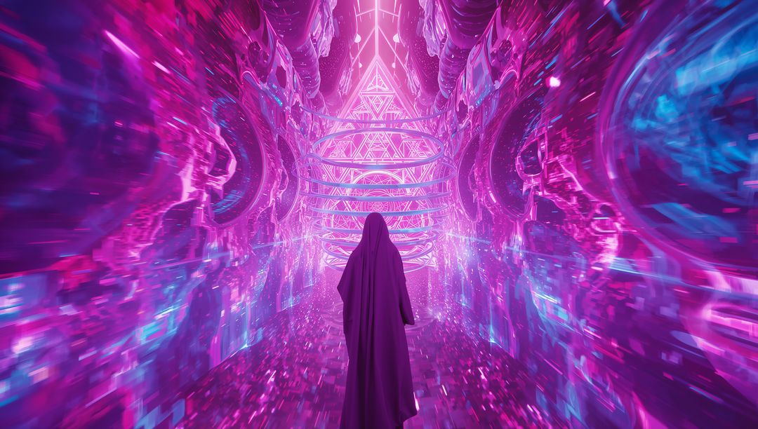 Cloaked Figure in Neon Corridor with Digital Pyramid