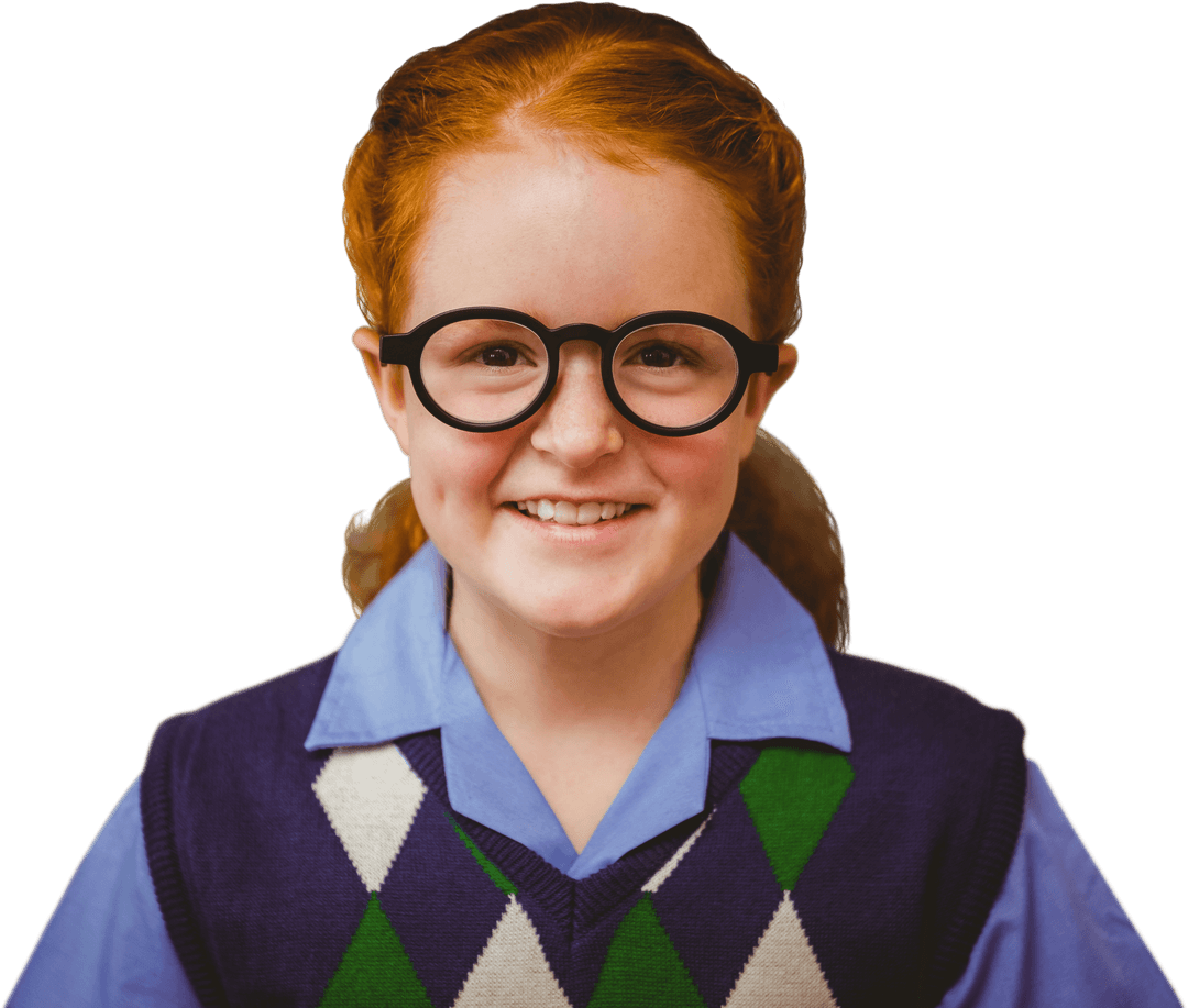 Smiling Caucasian Schoolgirl with Glasses on Transparent Background