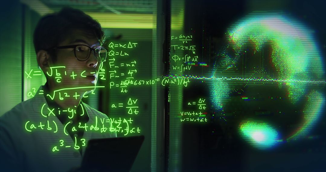 Asian IT Technician Analyzing Complex Data on Digital Interface