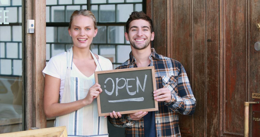 Friendly Store Owners Welcoming Customers with Open Sign