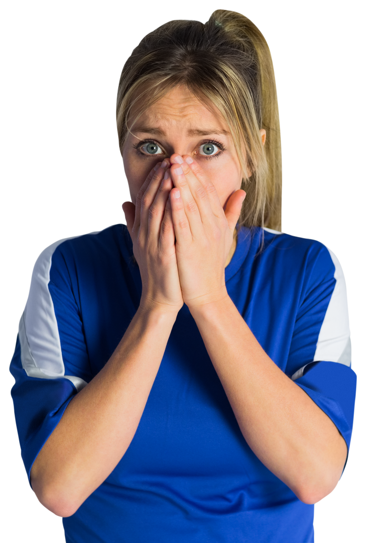 Nervous Female Football Fan in Blue Sports Jersey on Transparent Background - Download Free Stock Images Pikwizard.com