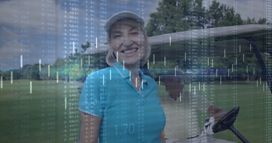 Smiling Woman Relaxing at Golf Course with Digital Data Overlay