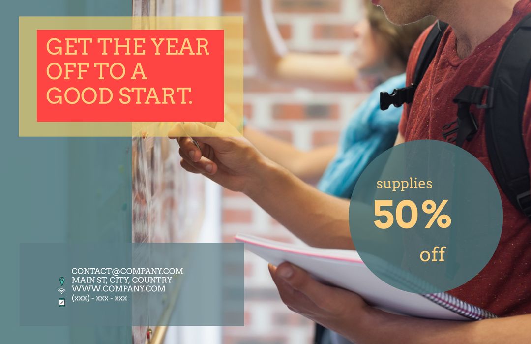 Back-to-School Supplies Promotion with Sale Sign and Student
