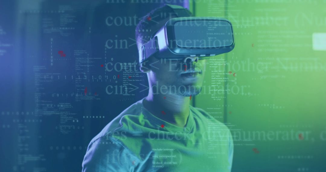 Man Experiencing Virtual Reality with Code Overlay