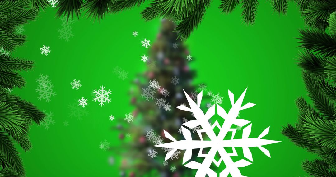 Christmas Tree on Green with Falling Snowflakes