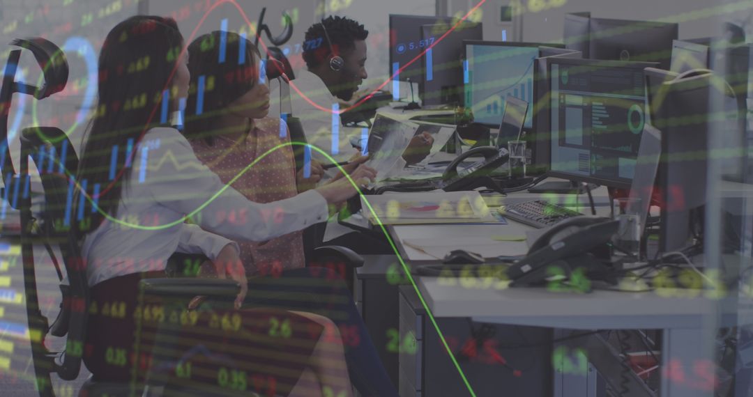 Diverse Business Team Working Amidst Digital Stock Market Data