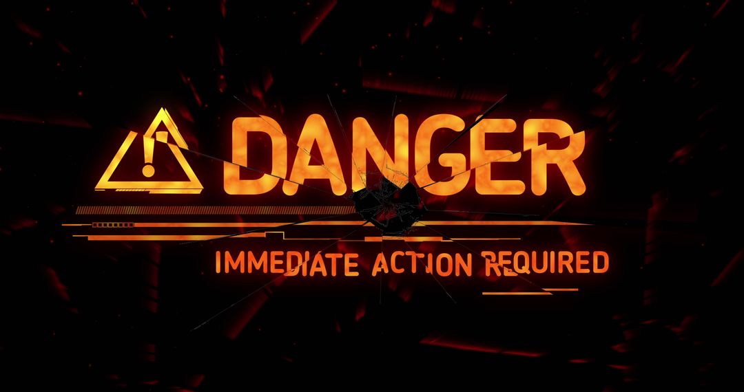Glowing Danger Sign with Warning Text and Shattered Effect