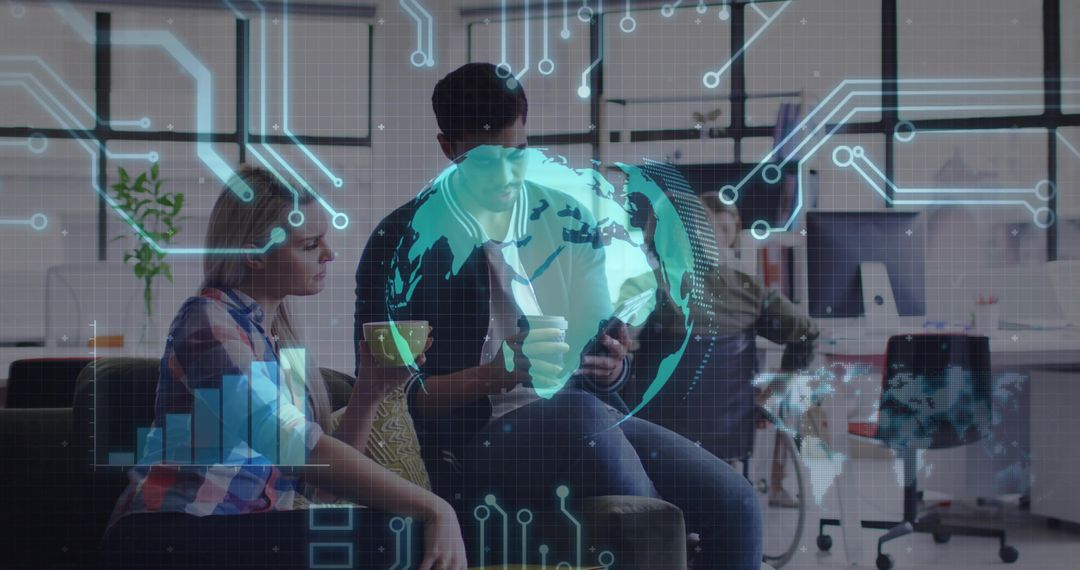 Collaborating team viewing augmented reality globe with analytics overlay in coworking hub