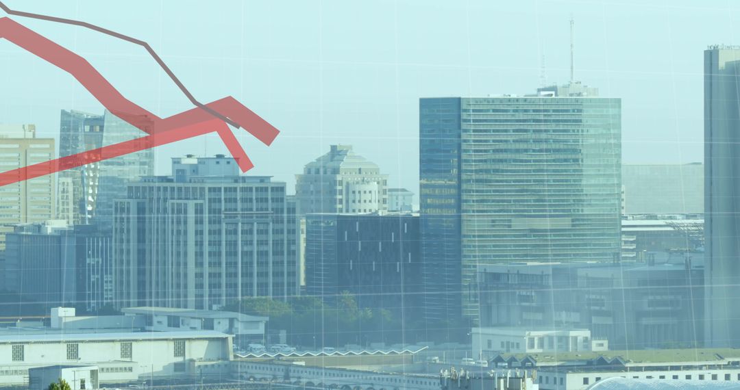 Red Data Line Overlay on Cityscape Represents Financial Trends