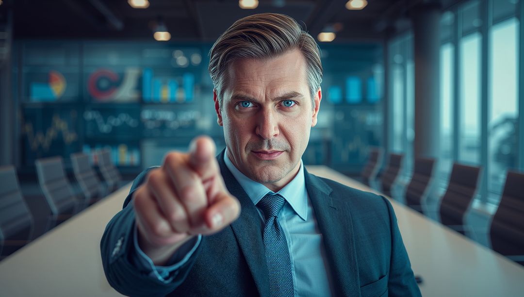 Confident Business Leader Pointing in Modern Boardroom