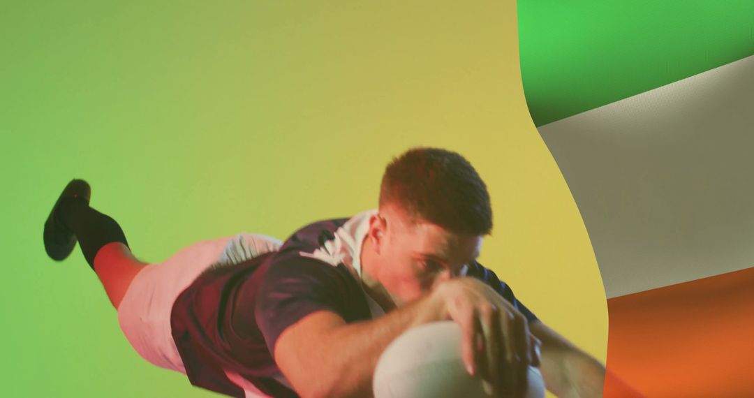 Rugby Player in Dynamic Action Brazil Flag Background