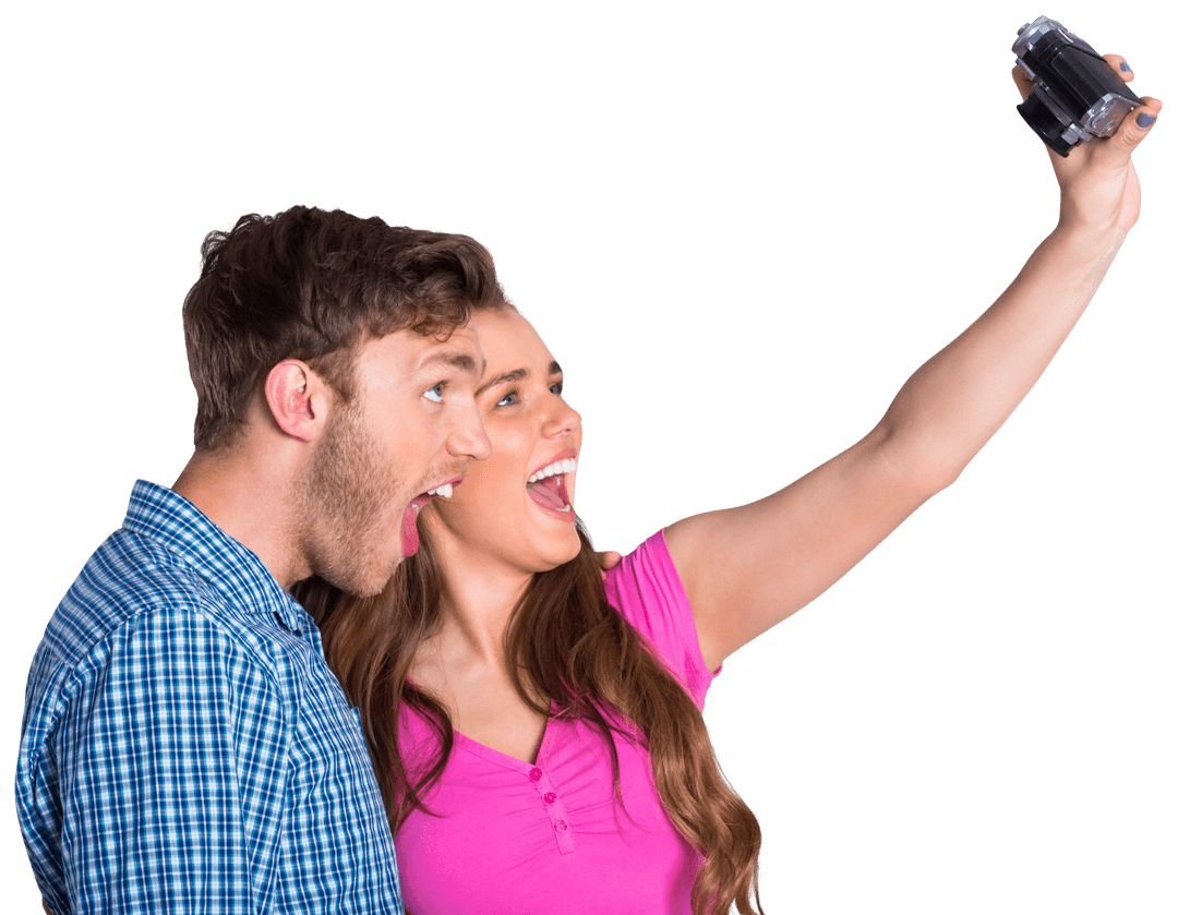 Joyful Young Couple Taking Selfie with Transparent Background