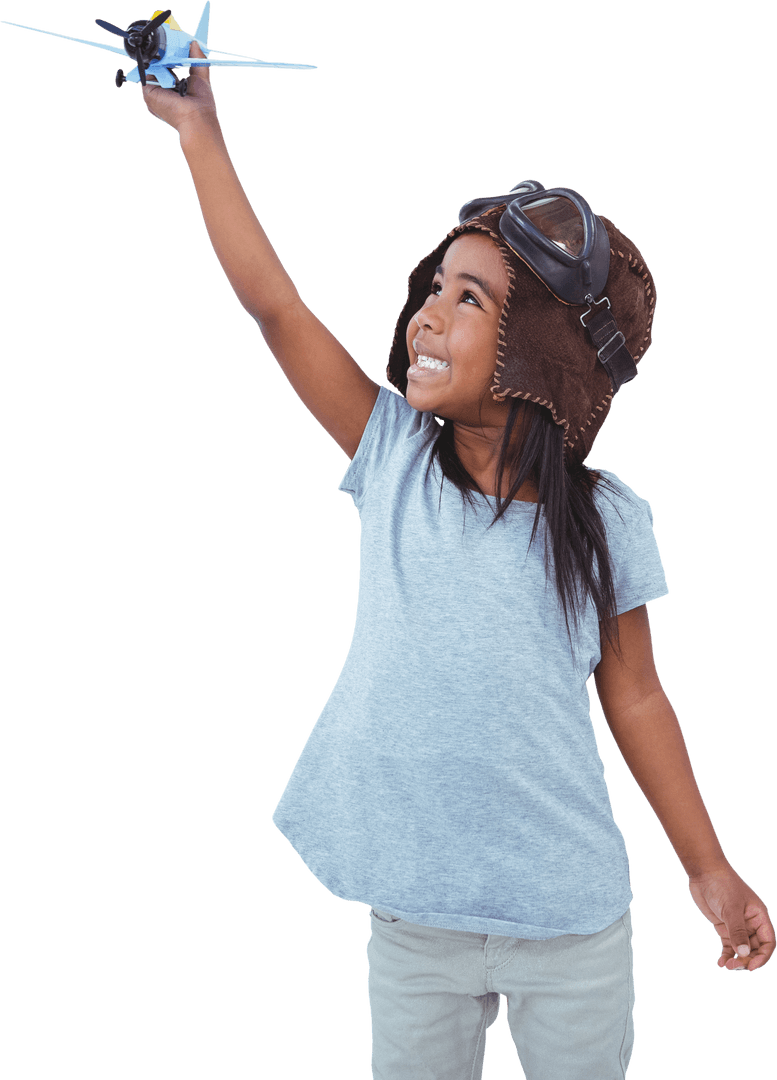 Joyful Child Playing Pilot Holding Transparent Toy Airplane