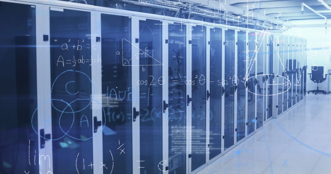 Mathematical Equations Overlaying High-Tech Server Room with Innovation Theme