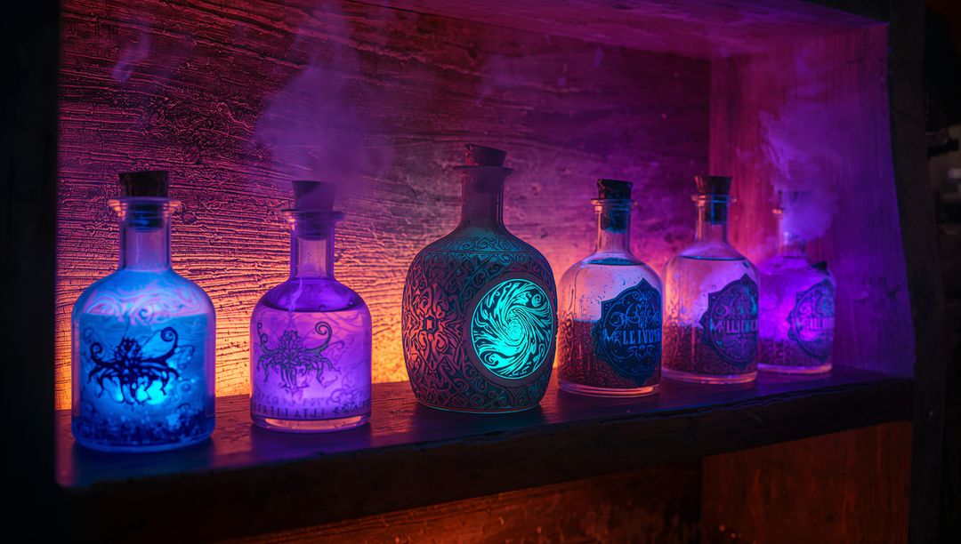 Glowing Mystical Apothecary Bottles on Rustic Shelves
