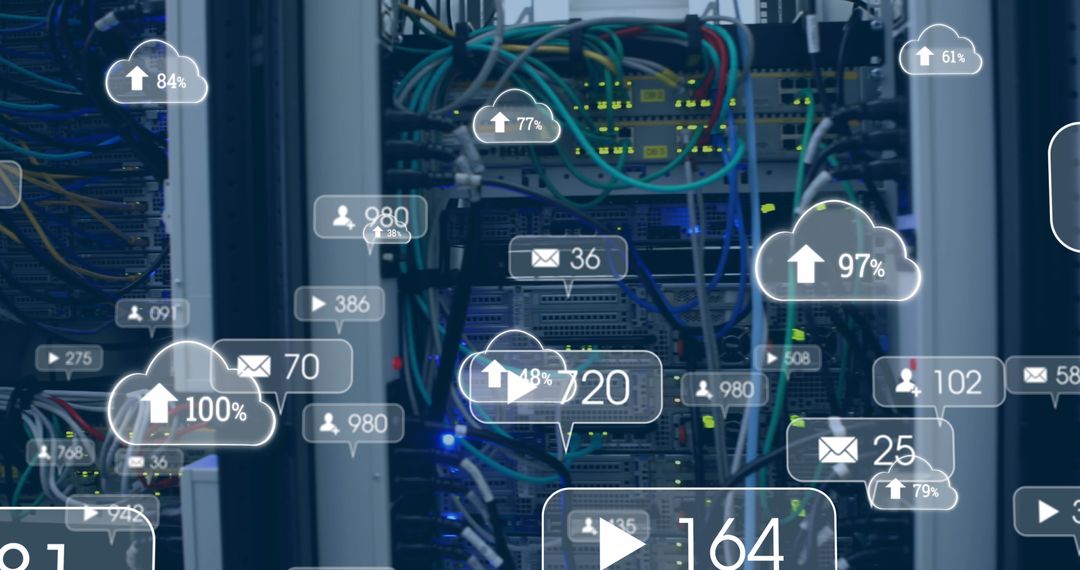 Digital Social Media Cloud Icons Over Server Equipment