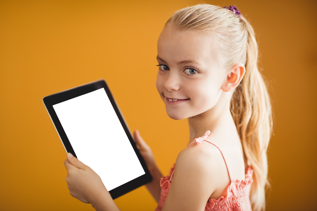 Smiling Girl Holding Transparent Digital Tablet - Download Free Stock Images Pikwizard.com