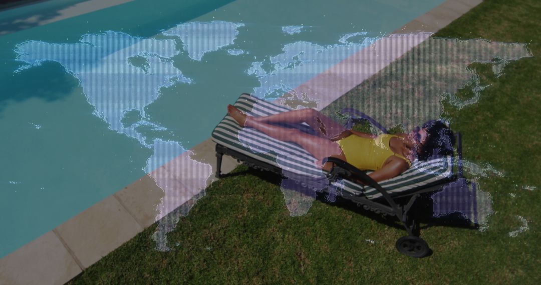 Woman Relaxing by Pool with World Map Overlay