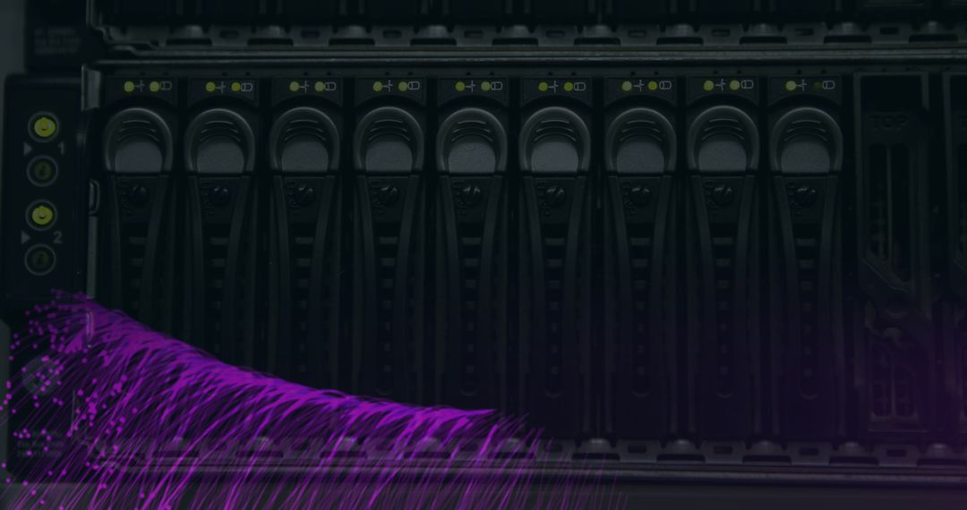 Server Rack with Digital Interface and Vibrant Purple Stream