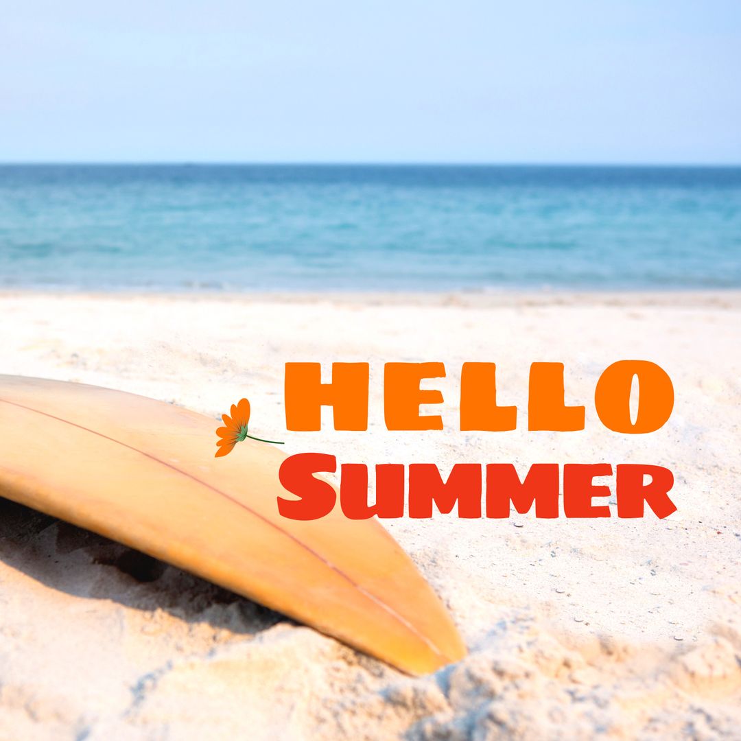 Hello Summer Text with Surfboard on Beach Shore - Download Free Stock Templates Pikwizard.com